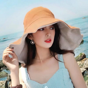 Detail of reversible wide-brim sun hat in orange and beige for UV protection
