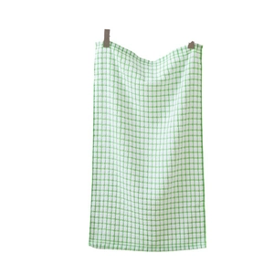Absorbent green and white checkered cotton tea towel hanging with clips on white background