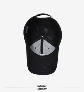 Detailed interior of a black cotton baseball cap showing reinforced seams and inner sweatband