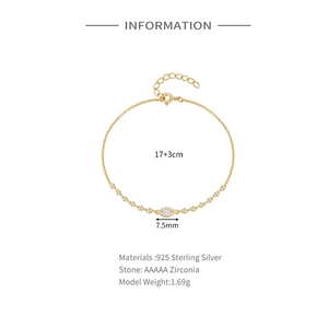 Detail view of 925 sterling silver evil eye bracelet with AAAAA zirconia and size specs