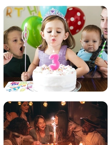 Close-up of pink number 3 birthday candle being blown out by a child at a party