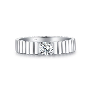 Polished S925 sterling silver ring with brilliant moissanite and pleated band design
