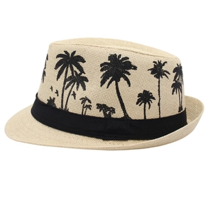 Straw fedora hat with black coconut tree print and grosgrain band for summer beach sun protection