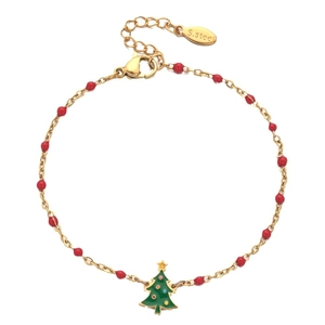 Golden stainless steel Christmas tree bracelet with red beads and green enamel charm