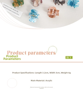 Detail view of mini acrylic hair claw clips showing dimensions of 3.2cm length and 6g weight