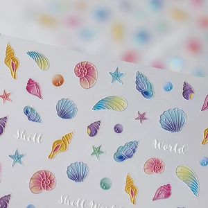 3D relief ocean shell nail art stickers with iridescent gradient pearlescent texture