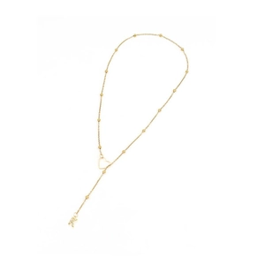 Golden Y-necklace with heart slider and rhinestone initial R pendant on beaded chain