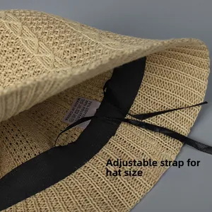 Detail view of cotton-polyester knitted bucket hat inner lining with adjustable drawstring