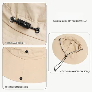 Quick-dry khaki outdoor sun hat with adjustable drawstring and foldable brim snaps