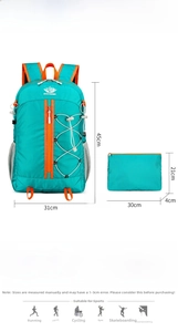 Detailed view of lightweight 0.27kg water-repellent hiking backpack set with size dimensions