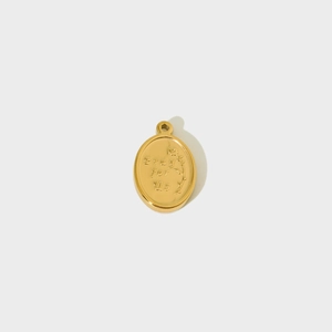 Gold stainless steel oval pendant with Pray for Us text and rose engraving