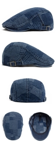Detail view of denim ivy cap featuring patchwork cotton fabric and metal side buckles
