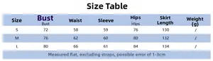 Detailed size chart for slim fit long sleeve dress including bust and waist measurements