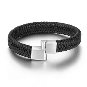 Minimalist black braided leather bracelet for men featuring a brushed silver metal buckle