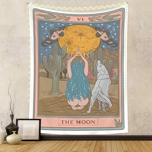 Detail of tarot card moon pattern tapestry with vintage aesthetic and warm fairy lights