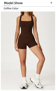 Detail of coffee brown two-piece yoga set with square neck tank and high waist shorts