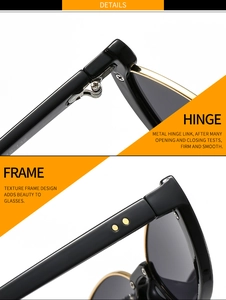 Close-up of durable metal hinges and elegant gold rivet details on black cat eye frames