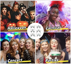Face jewel stickers for Halloween and carnival parties shown in multiple scenarios
