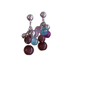 Elegant cat eye stone tassel earrings with colorful beads and silver needle posts