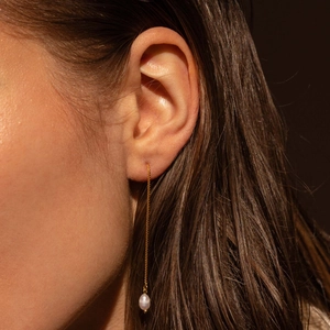 Elegant 18K gold plated drop earring featuring a dainty white pearl and long delicate chain