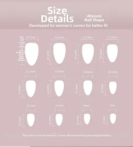 Size chart showing almond shaped pink shell press-on nails in 24 pieces and 12 sizes
