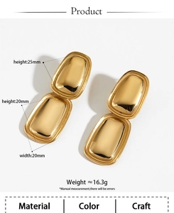 Detail showing dimensions and 16.3g weight of gold geometric rectangle earrings