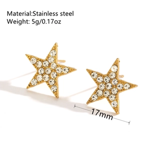 Fashionable gold stainless steel star stud earrings with full white rhinestones