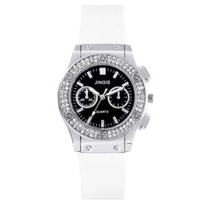 Women's quartz watch with white silicone strap and crystal bezel on black dial