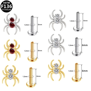 Studs labret araignée en titane ASTM F136 avec zircons rouges et blancs en or et argent