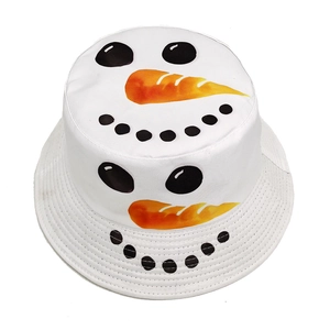 White Christmas snowman bucket hat with carrot nose design for outdoor sun protection