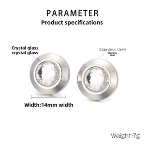 Detailed view of 14mm round crystal glass earrings with faceted cut and stainless steel base