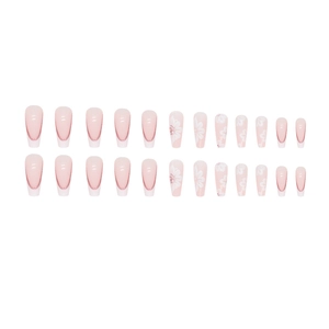 French style long ballet press-on nails with pink base and white daisy floral art
