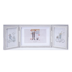 Modern Nordic triple folding photo frame with light gray wood grain finish for decor