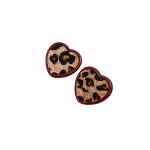 Vintage heart leopard print earrings with deep red border and furry leather texture