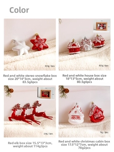 Macro detail of red snowflake, reindeer, and house ornaments in original PVC box