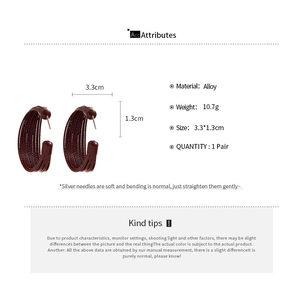 Detail view of Maillard style C-shaped brushed earrings with product dimensions and specs