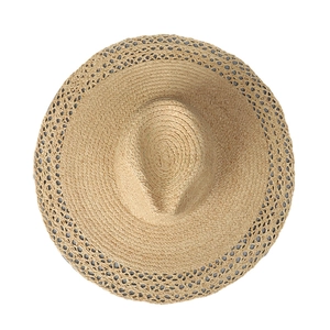 Wide brim raffia straw hat with hollow weave pattern for summer beach sun protection
