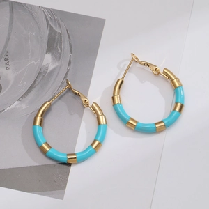 Fashionable titanium steel hoop earrings with light blue enamel and polished gold finish