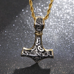 Men's vintage Thor's Hammer Mjölnir pendant necklace in gold and silver steel finish