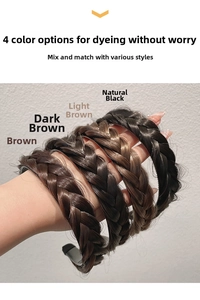 Detail view of four color options of braided hair headbands: Black, Light Brown, Dark Brown, Brown