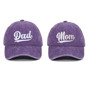 Set of 2 purple washed cotton baseball caps with Dad and Mom white embroidery