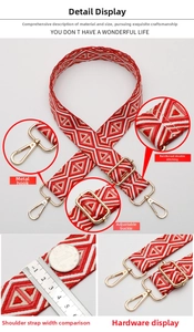 Detail of red geometric woven strap with gold metal hooks and adjustable buckle