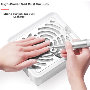 Macro detail of powerful nail dust collector with spiral metal grille and white hand rest