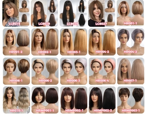 Catalog view of synthetic wigs in various styles like bobs, wavy, and straight long hair