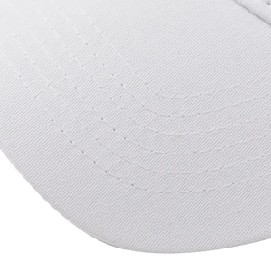 Detailed macro view of the curved multi-row stitching on a white cotton baseball cap brim