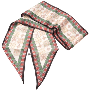 Long silk-feel neck scarf with retro paisley and geometric patterns on white background