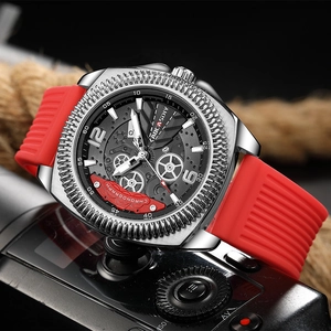 Close-up of chronograph watch with silver tonneau case and red silicone strap