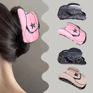 Retro hat-shaped hair clips in pink and leopard print, shown worn and in multiple colors