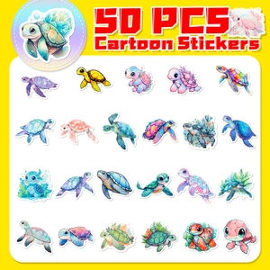 50 pieces of colorful cartoon sea turtle stickers with diverse artistic ocean designs