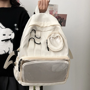 Minimalist white high-capacity school backpack for girls with transparent heart pocket